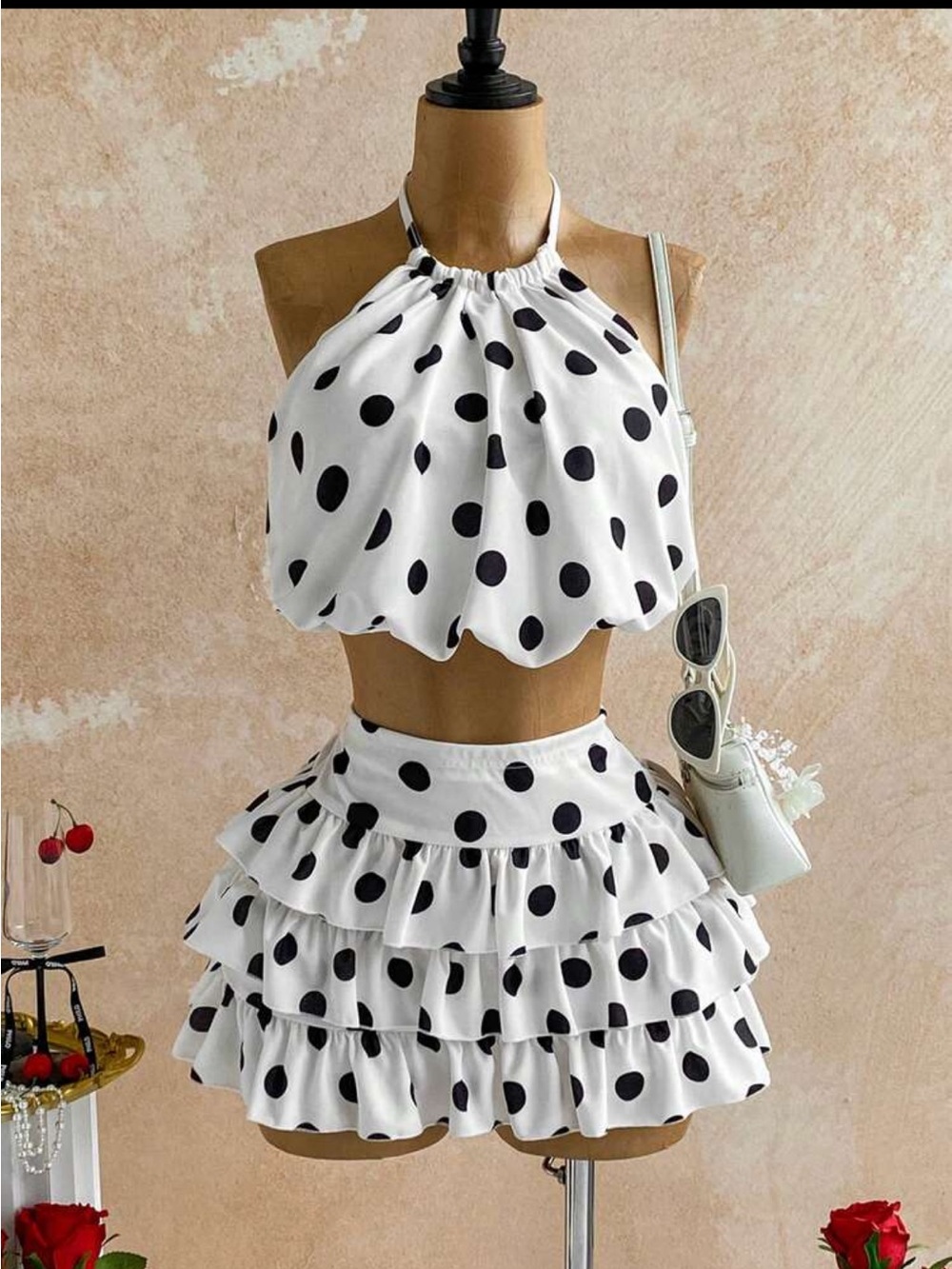 Polka Dot Ruffle Tiered Mini Skirt 2piece set